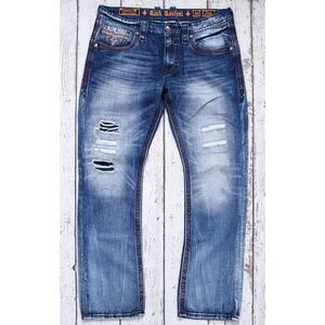 Mens Rock Revival Jeans "Feeney" Volcano Stitch Alt Straight Leg Jeans